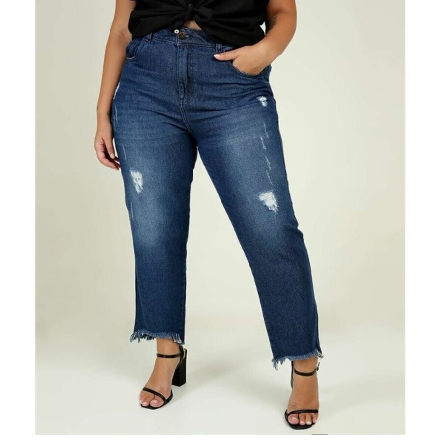 Calça Plus Size Feminina Mom Jeans Destroyed Bolsos